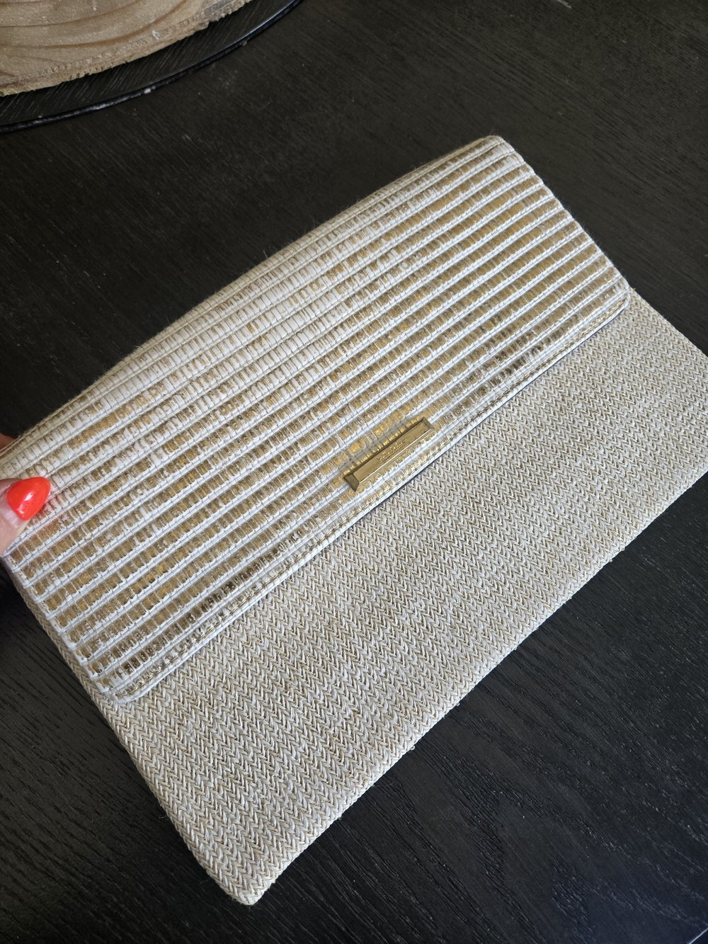 Stella And Dot Cream Woven Clutch Bag with Gold Accent